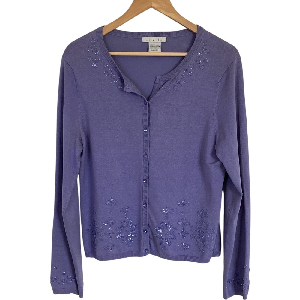 Womens Lavender Purple‎ Beaded Cardigan Sweater Size L Silk Blend Coquette Girly